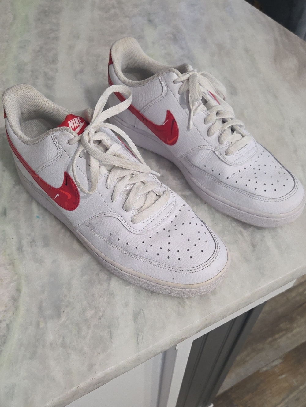 Nike Low Court Vision Men’s White Leather Sneakers with Red Swoosh